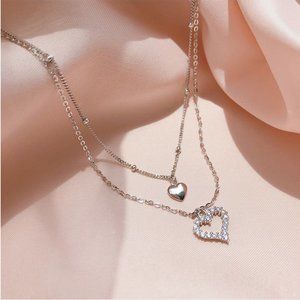 925 Sterling Silver Double Layer Heart Necklace Choker-NEW